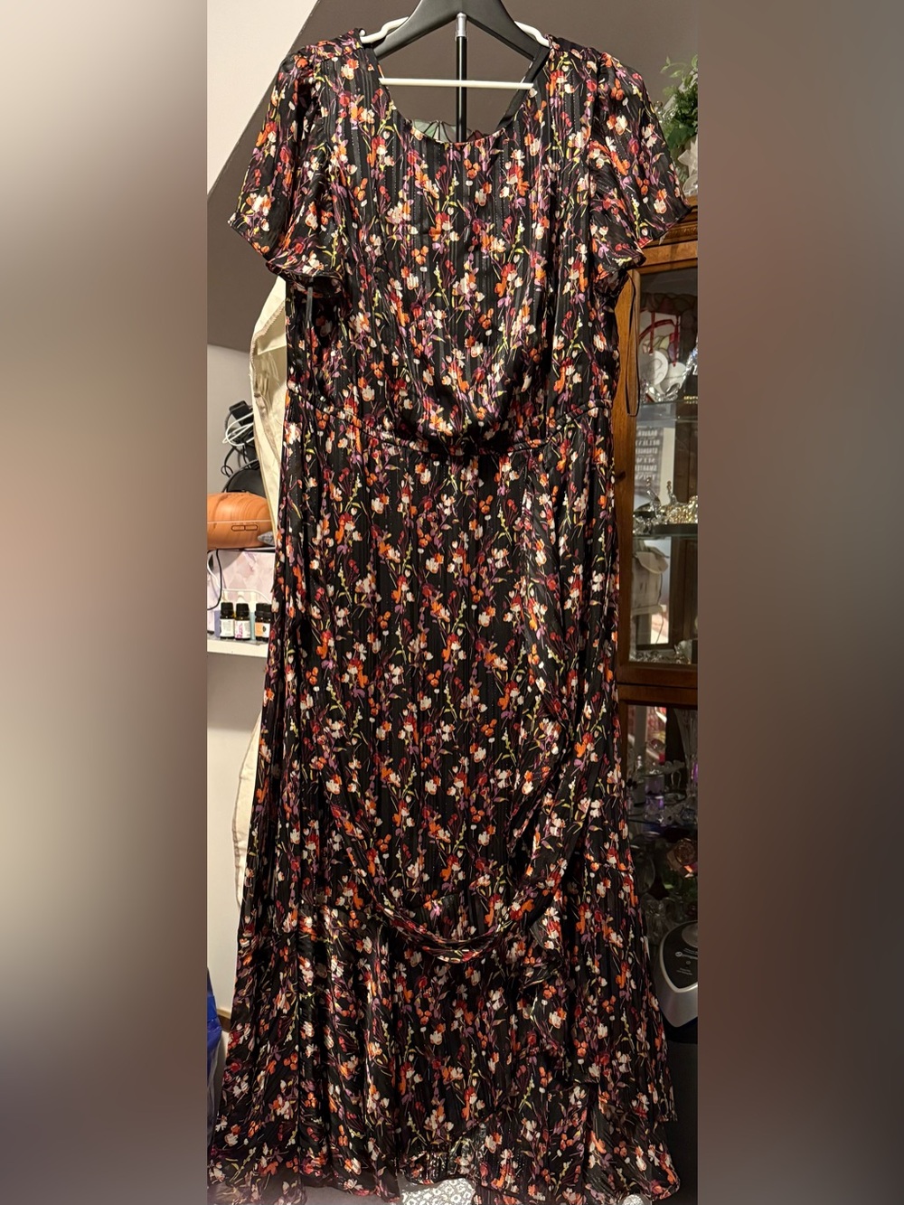 Avenue Black Maxi Dress with Pink & Orange Floral Print